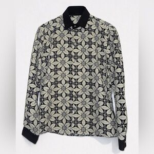 Retro Mod Geometric Print Button Down Shirt Black Cream Slim Fit Men’s Small